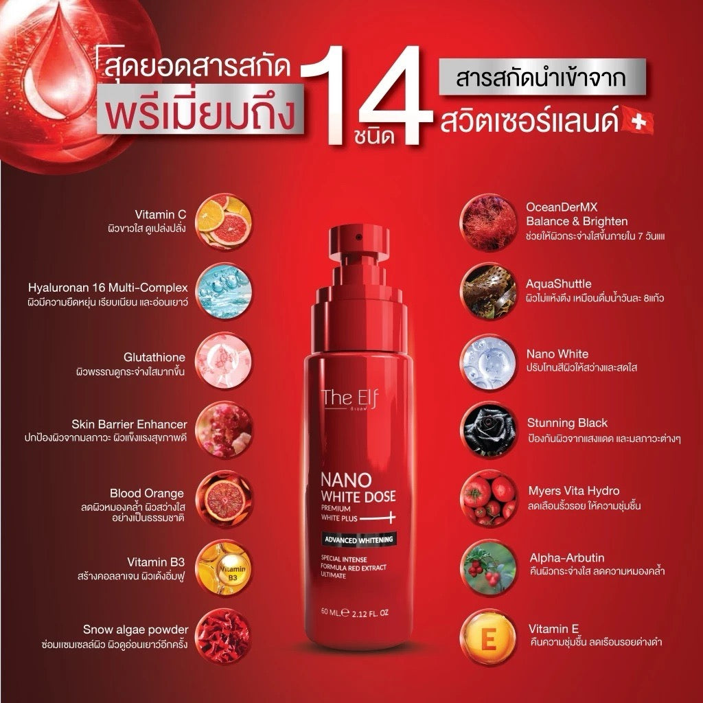 THE ELF NANO WHITE DOSE Premium White Plus+ สูตรฟื้นฟูและบำรุงผิวกายโดยเฉพาะ 60 ml