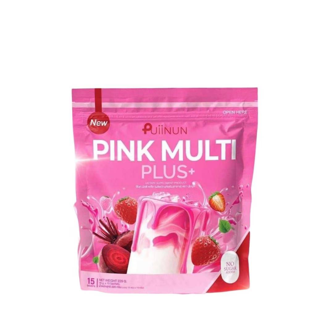 PUIINUN Pink Multi Plus+ พิงค์ มัลติ พลัส สูตรนมชมพู ไม่มีน้ำตาล 15 ซอง