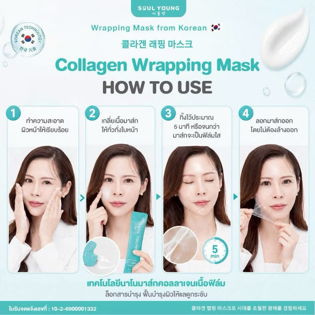 🩵 Young Collagen Wrapping Mask คอลลาเจน อิ่มฟู กระชับรูขุมขน หมอของขวัญ ผิวดารา 5 ซอง 💖coming soon