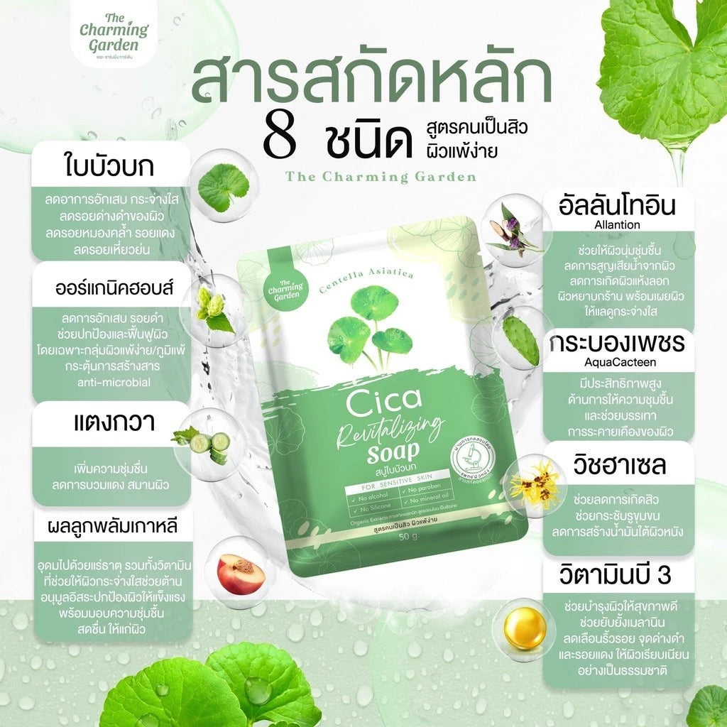 Cica Revitalizing Soap สบู่ใบบัวบก ดูแลผิวเป็นสิวและผิวแพ้ง่าย 1 ก้อน 50g. ⛔️เข้า 13/3