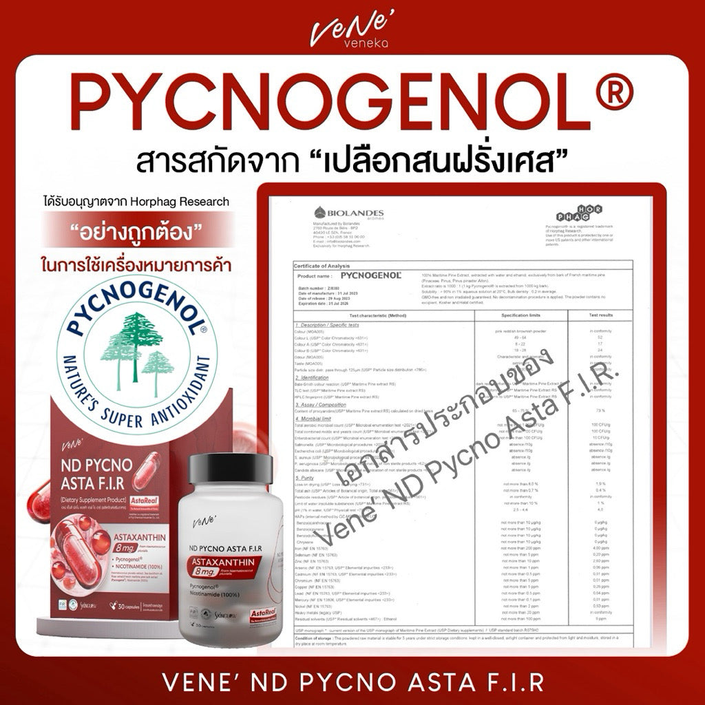 Vene’ ND Pycno Asta F.I.R. เวเน่ แอสต้าแซนธิน + NAD สูตรรวมตัวท็อป 30 แคปซูล