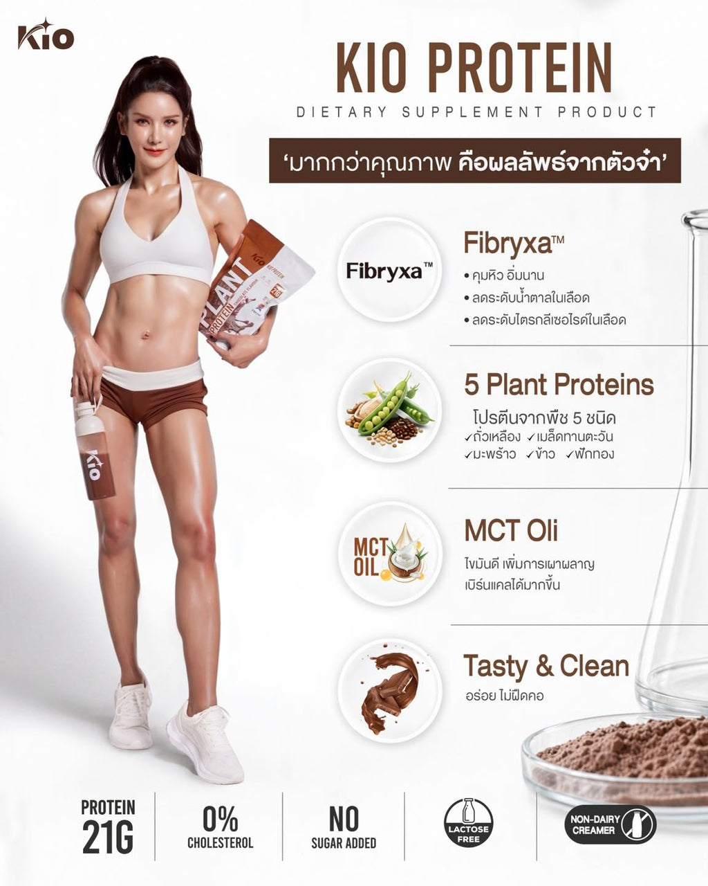 KIO Plant Protein Thai Tea Flavour คิโอ โปรตีนพืช รสชาไทย โปรตีน 21g ต่อซอง คุมหิว อิ่มนาน ไม่มีน้ำตาล 400g (10 ซอง)