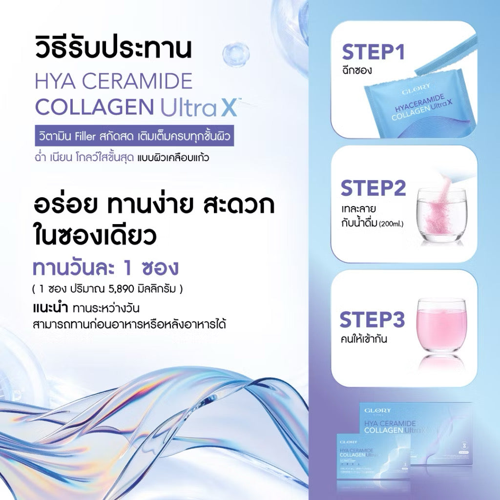 Glory HYA CERAMIND COLLAGEN ULTRA X วิตามิน Filler สกัดสด เติมเต็มครบทุกชั้นผิว ฉ่ำ เนียน โกลว์ใสขั้นสุด แบบผิวเคลือบแก้ (5ซอง/15ซอง)