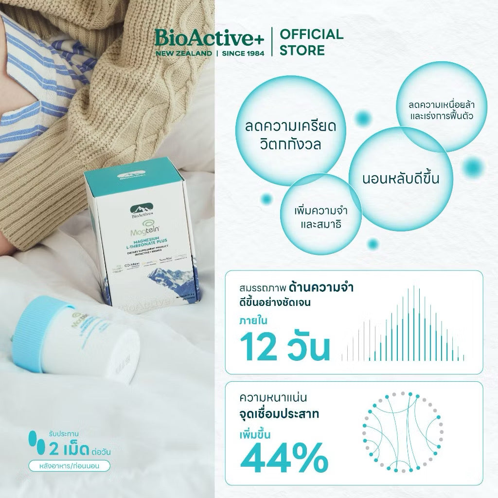 ⛔️ (Pre-Order)BioActive+ ผลิตภัณฑ์เสริมอาหาร Magnesium L-Threonate Plus แมกนีเซียมเม็ดบลู หลับลึก (60 เม็ด)