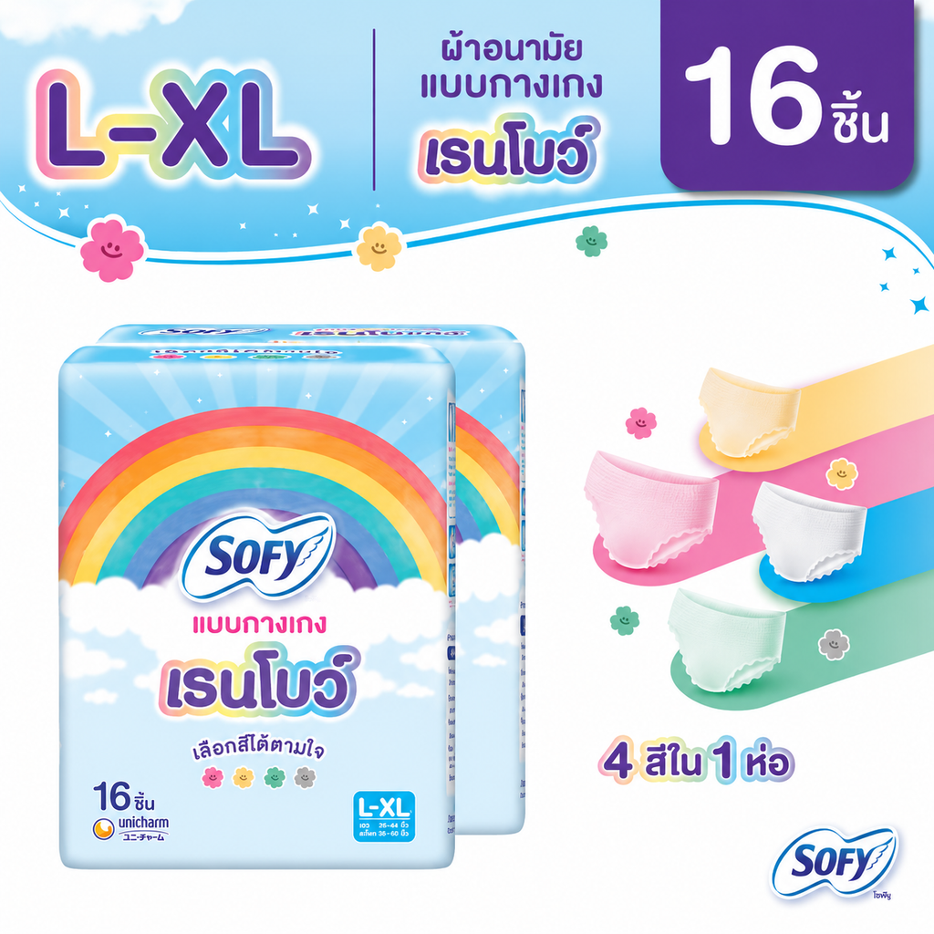 Sofy โซฟี แบบกางเกง รุ่นเรนโบว์ M-L|    L-XL (1แพค 16 ชิ้น)