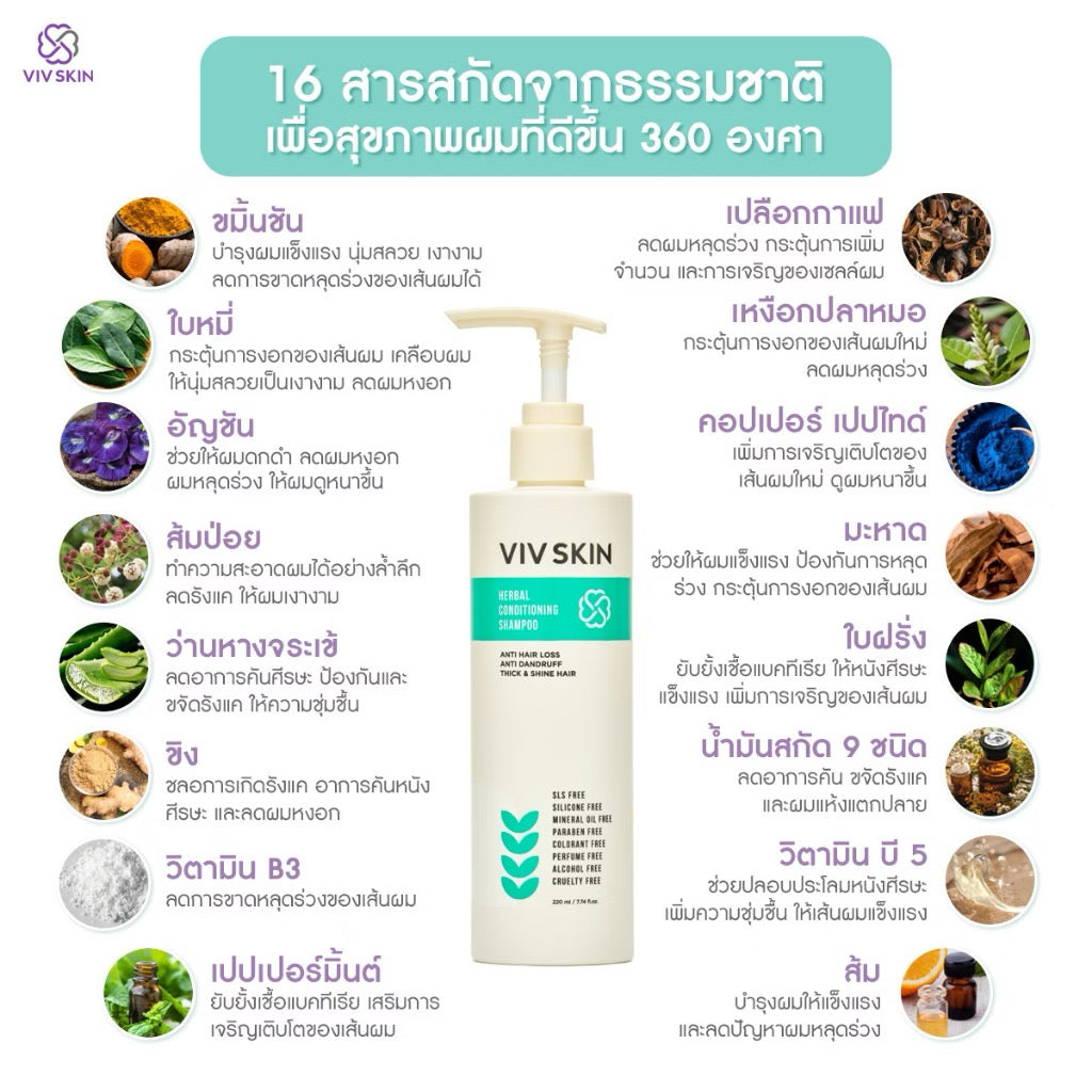 VIV SKIN Herbal แชมพูผสมครีมนวด สมุนไพรแม่จุ๋ย ลดผมร่วง 2 in 1 200ml