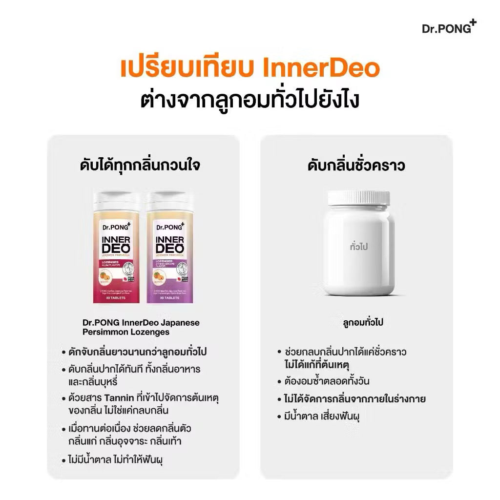 Dr.PONG InnerDeo Japanese Persimmon Lozenge  เม็ดอมดับกลิ่นตัว กลิ่นแก่ กลิ่นปากหอมทันที น้ำตาล 0% (มี 2 รสให้เลือก) 20 เม็ด