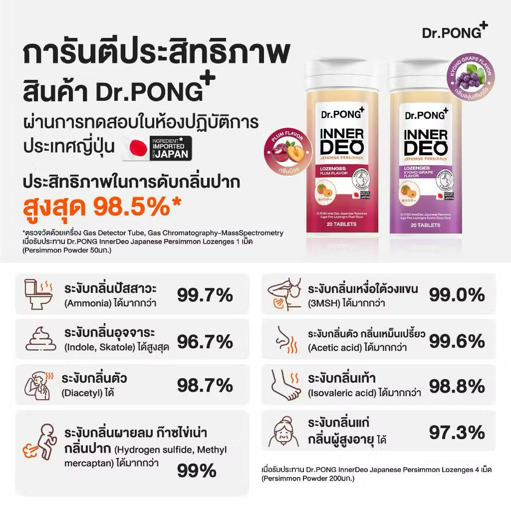 Dr.PONG InnerDeo Japanese Persimmon Lozenge  เม็ดอมดับกลิ่นตัว กลิ่นแก่ กลิ่นปากหอมทันที น้ำตาล 0% (มี 2 รสให้เลือก) 20 เม็ด