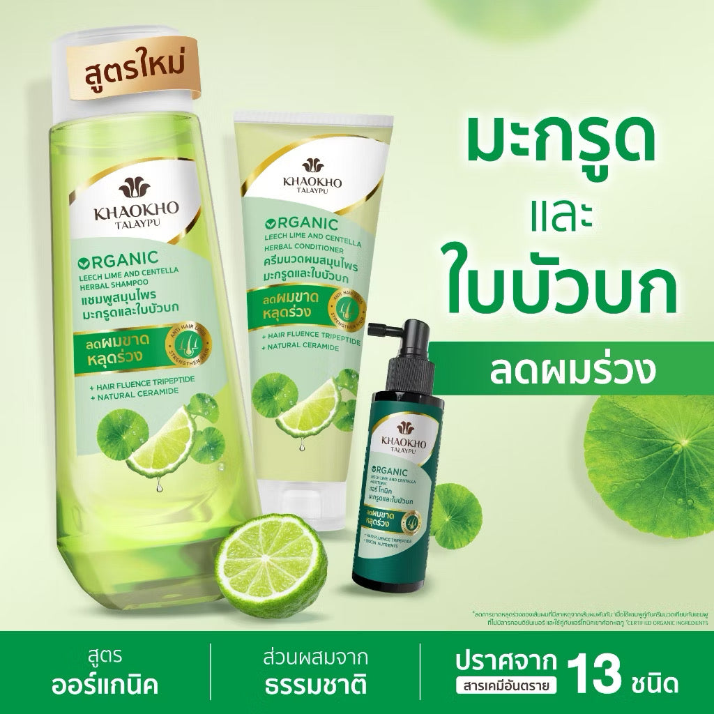 [เซตคู่สุดคุ้ม] Khaokho Talaypu เขาค้อทะเลภู แชมพู + ครีมนวด สูตรมะกรูดและใบบัวบก ช่วยลดผมร่วง (180ml+ 160ml)