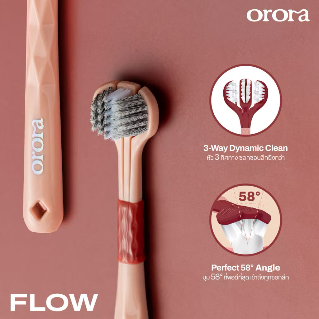 Orora แปรงสีฟัน ออโรร่า รุ่น Flow แปรงสีฟัน 3 หัว ขนนิ่ม Super soft เทคโนโลยี Dynamic Clean