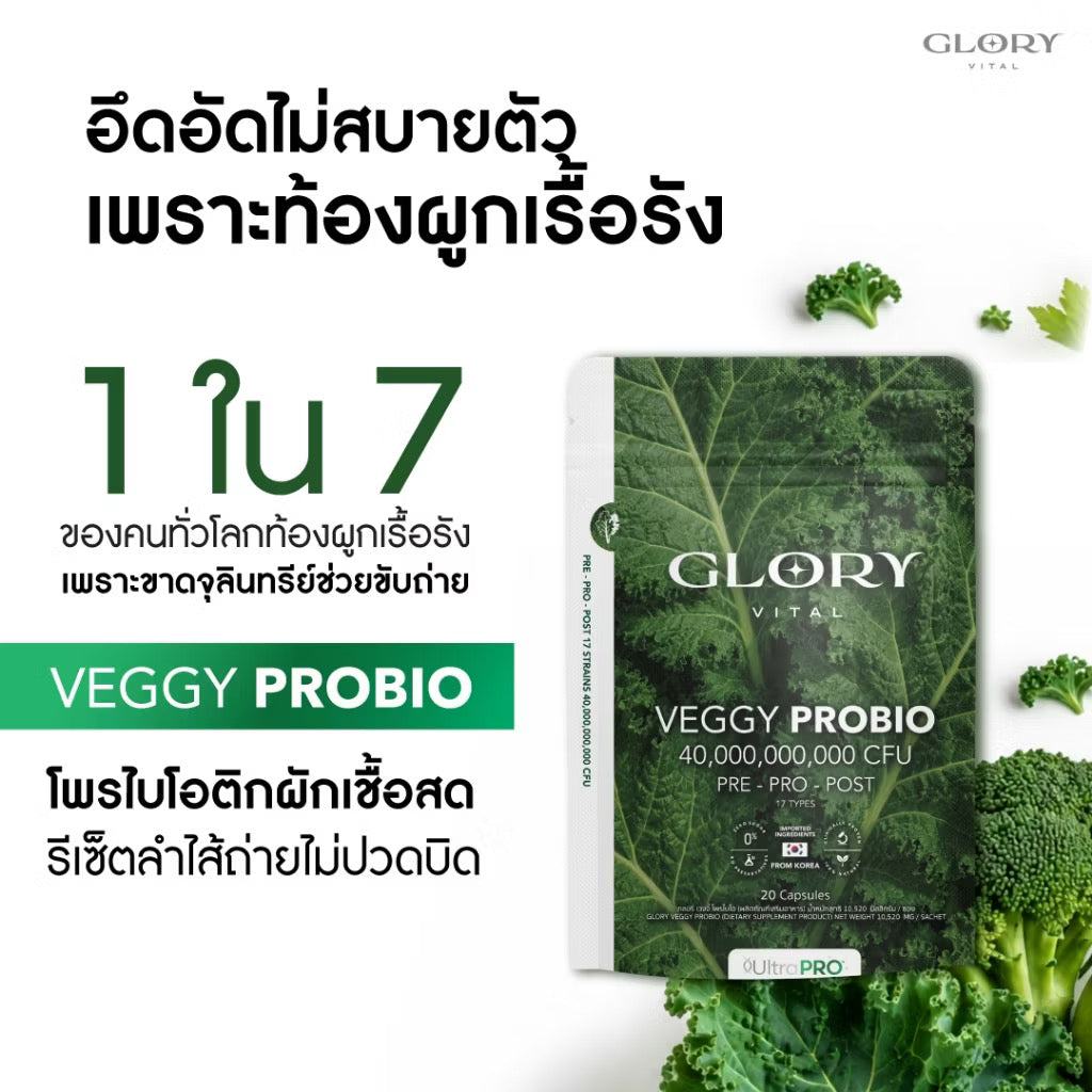 Glory Veggy Probio สูตรใหม่ โพรไบโอติก รีเซ็ตลำไส้ 20 เม็ด