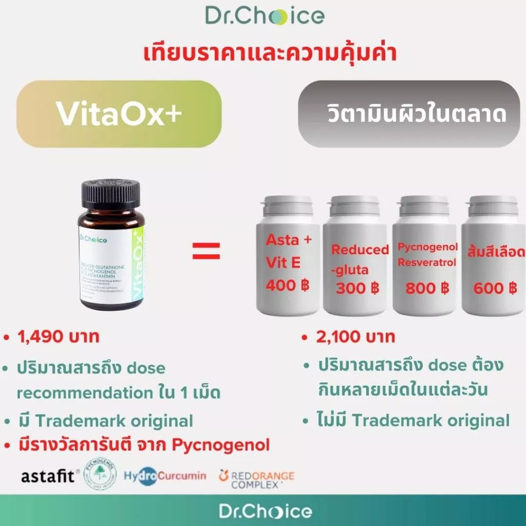 Dr. Choice VitaOx+ Reduced Glutathione Plus Pycnogenol Plus Astaxanthin 30 แคปซูล