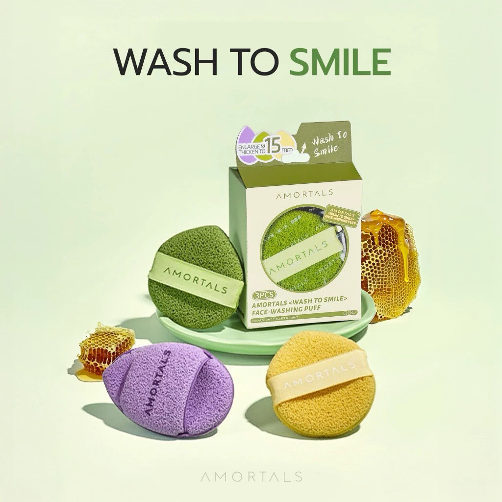 AMORTALS Puff รุ่น Wash to Smile – พัฟฟองน้ำล้างหน้า (1 แพ็ค บรรจุ 3 ชิ้น)