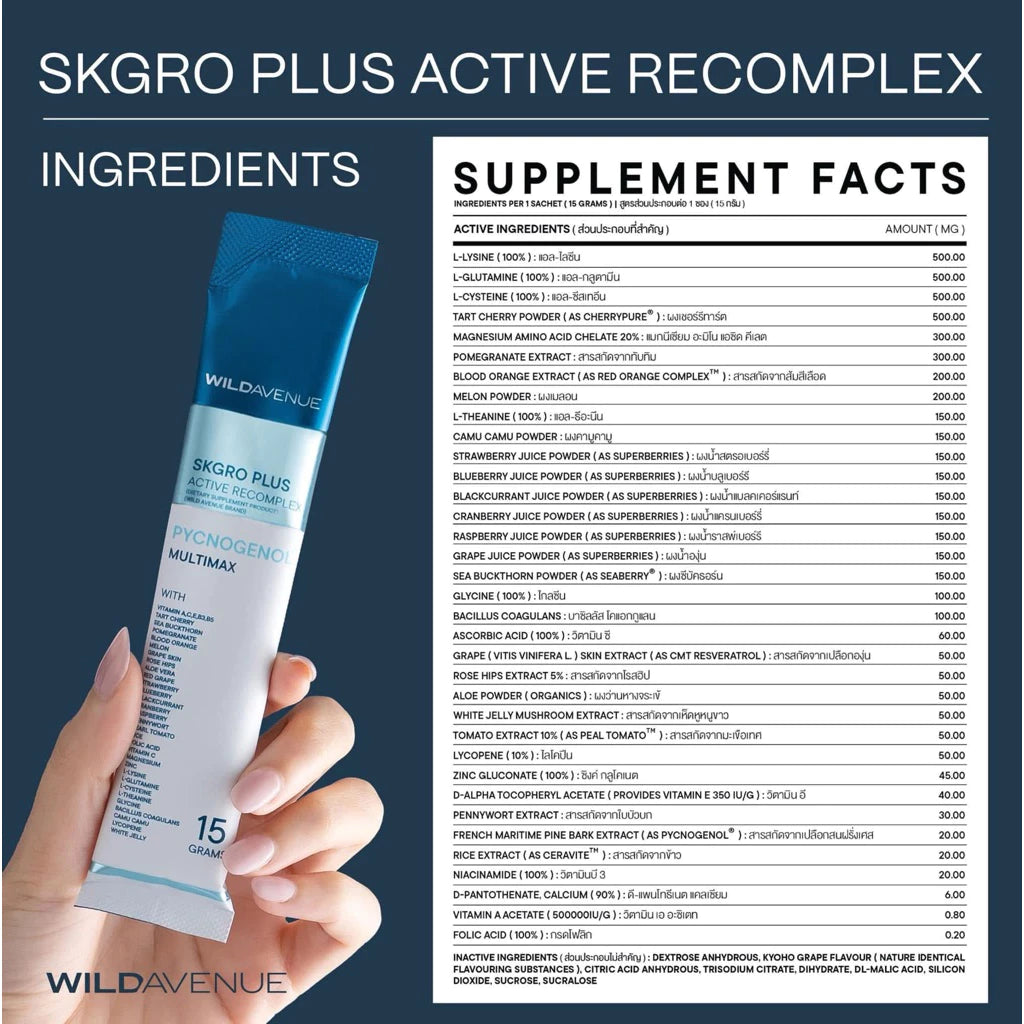 ⛔️ (Pre-order) WILD AVENUE SKGRO Plus Active Recomplex ผลิตภัณฑ์เสริมอาหารเพื่อผิวกระจ่างใส 1 กล่องบรรจุ 10 ซอง