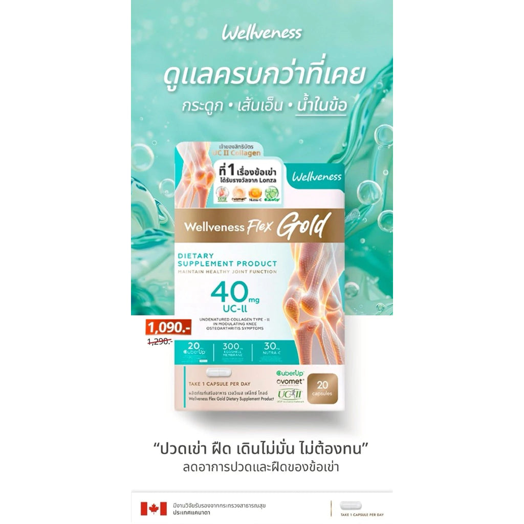 WELLVENESS Flex Gold สูตรใหม่ อาหารเสริมบำรุงกระดูก ไขข้อ เส้นเอ็น บรรเทาอาการปวดข้อเข่าเสื่อม 20 แคปซูล