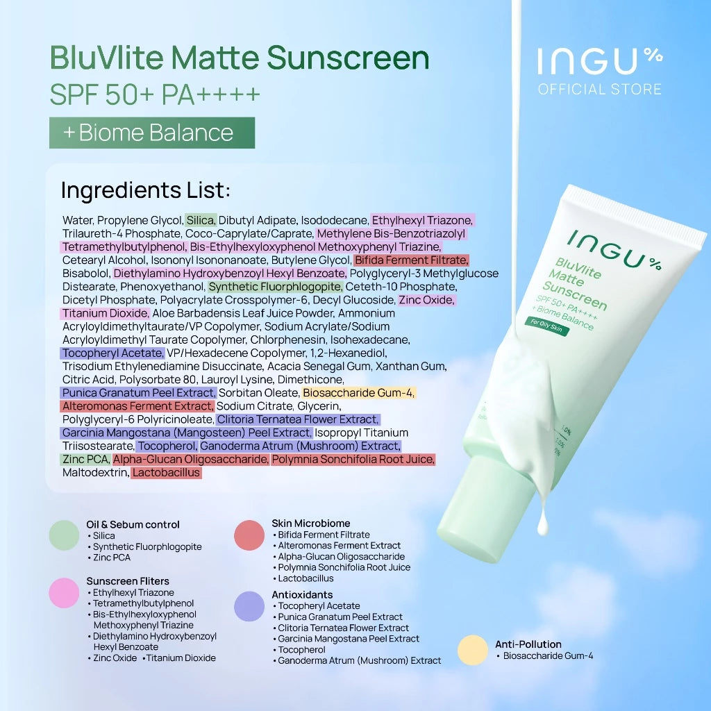 Ingu BluVlite Matte Sunscreen SPF 50+ PA++++ + Biome Balance กันแดดสูตรแมตต์ คุมมัน ปกป้อง UVA/UVB 50g 💚