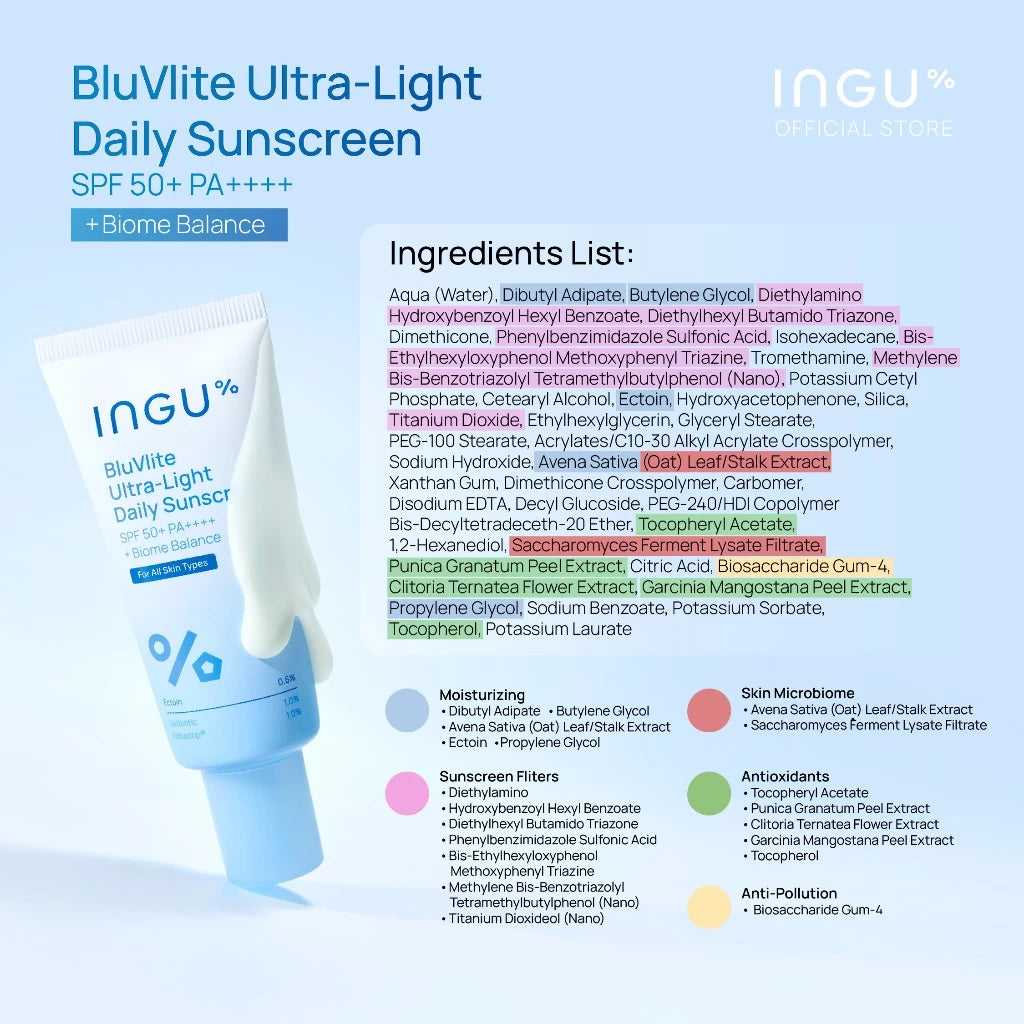 Ingu BluVlite Ultra-Light Daily Sunscreen SPF 50+ PA++++ + Biome Balance กันแดดเนื้อบางเบา ปกป้อง UVA/UVB ชุ่มชื้น 50g 🩵