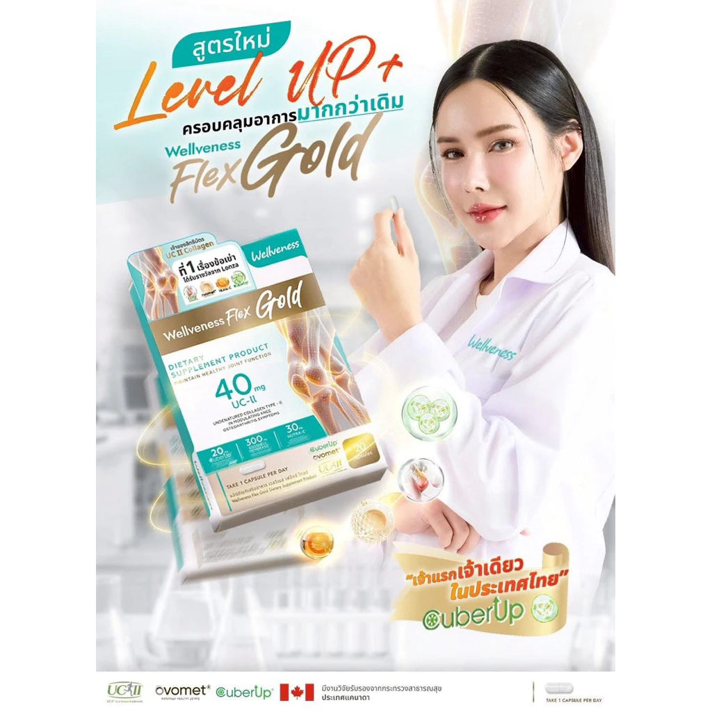 WELLVENESS Flex Gold สูตรใหม่ อาหารเสริมบำรุงกระดูก ไขข้อ เส้นเอ็น บรรเทาอาการปวดข้อเข่าเสื่อม 20 แคปซูล