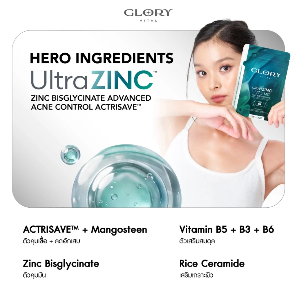 Glory Vital Ultra Zinc Bisglycinate Advanced Acne Control Actrisave™ ซิงค์สกัดเข้มข้น ลดสิวอักเสบ คุมมัน ไม่ขึ้นซ้ำ ใน 7 วัน 30 แคปซูล