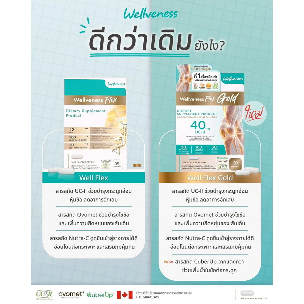 WELLVENESS Flex Gold สูตรใหม่ อาหารเสริมบำรุงกระดูก ไขข้อ เส้นเอ็น บรรเทาอาการปวดข้อเข่าเสื่อม 20 แคปซูล