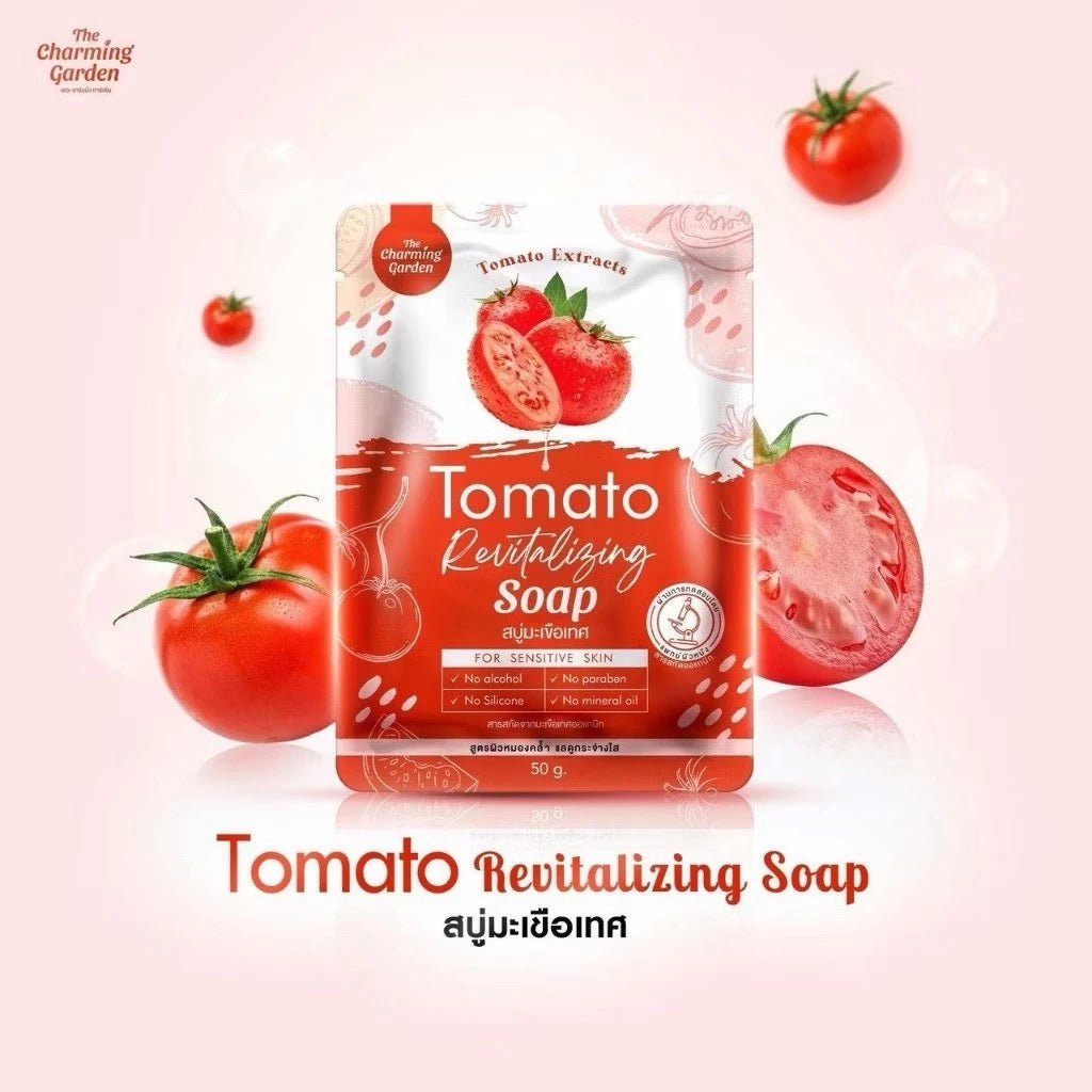 Tomato Revitalizing Soap  สบู่มะเขือเทศ สูตรรีไวทัลไลซิ่ง บูสผิวกระจ่างใส 1 ก้อน 50g. ⛔️ เข้า 13/3