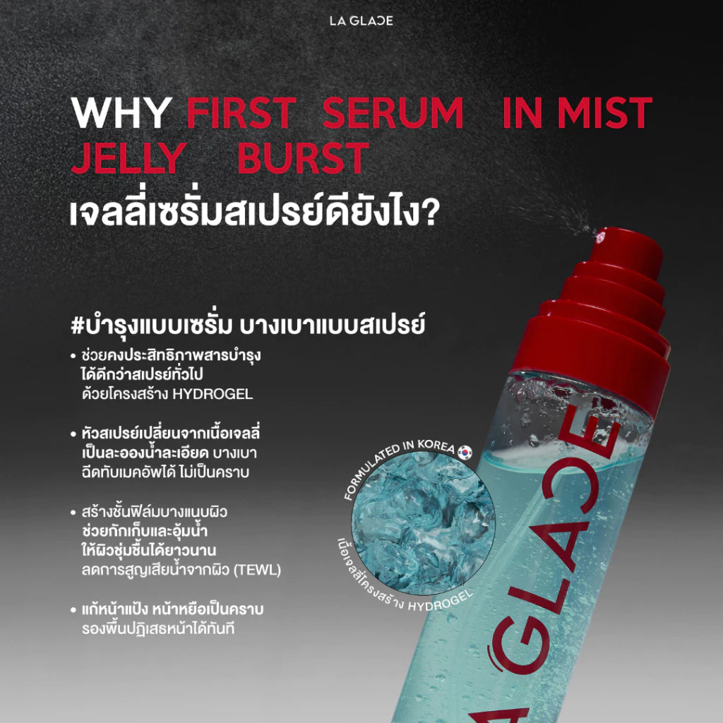 Laglace First Serum In Mist Jelly Burst เจลลี่เซรั่มสเปรย์ 4IN1 ซ่อมเมคอัพ บูสต์ความชุ่มชื้น รีเฟรชผิวตลอดวัน 90 ml (มี2สูตรให้เลือก)